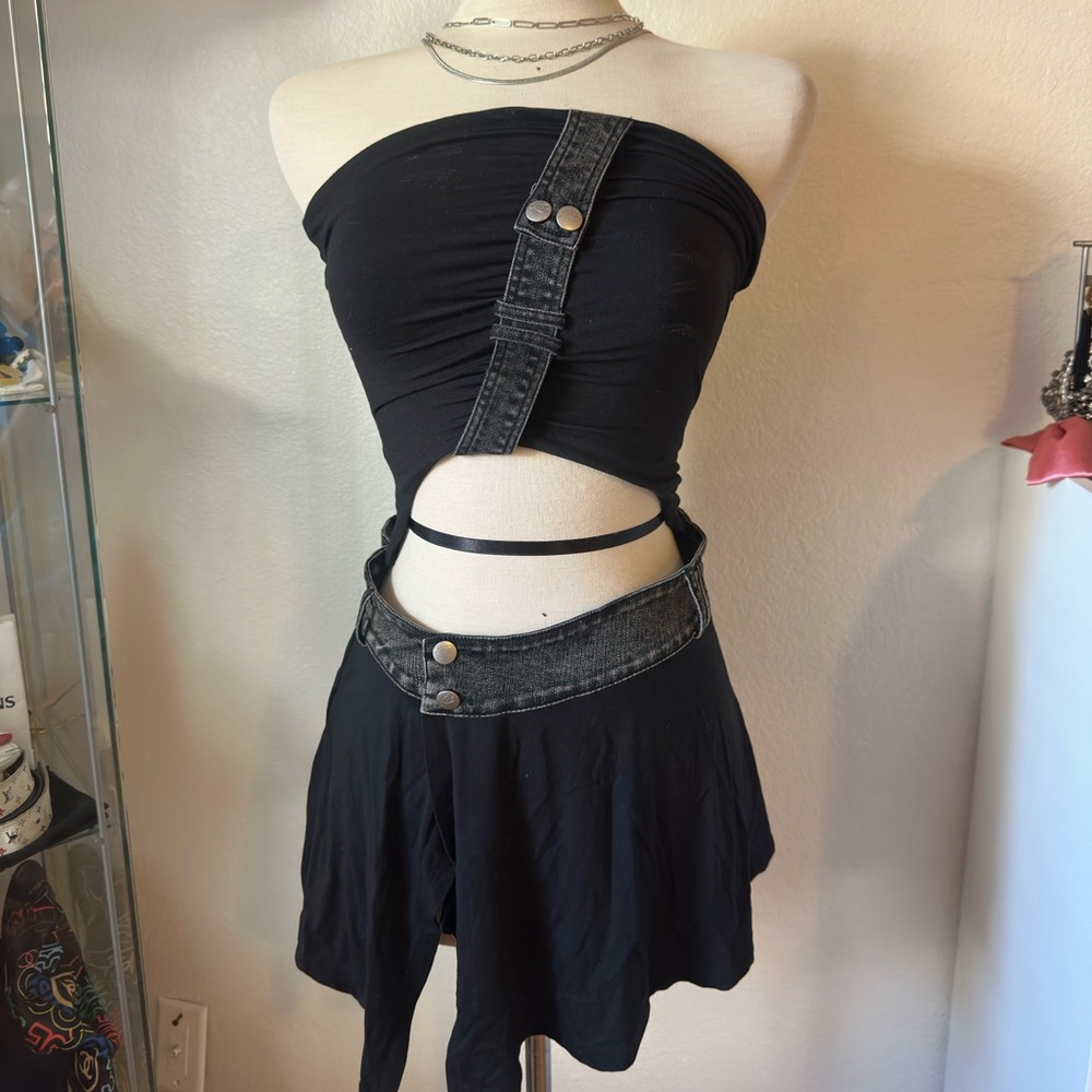 I AM GIA Black and grey denim cut out mini skirt and top set